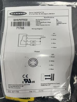 BANNER QS18VP6FF50Q8 Φωτοηλεκτρικός αισθητήρας σταθερού πεδίου υψηλής αξιοπιστίας